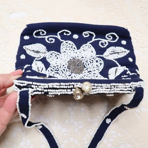 Vintage Beaded Evening Bag: Navy Blue Floral Handbag, Rhinestone Clasp - Picture 3 of 11